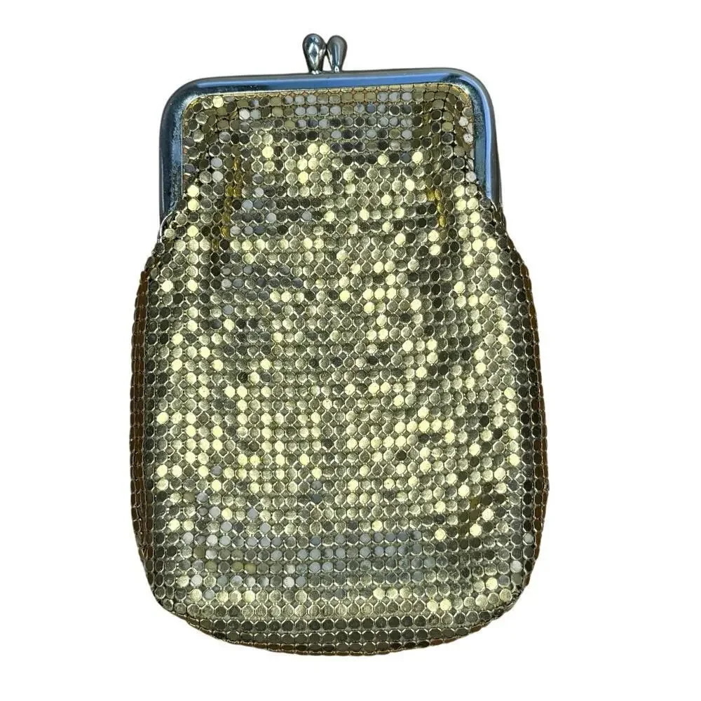Vintage 60s Whiting & Davis gold-tone metal kiss clasp mesh coin cigarette purse